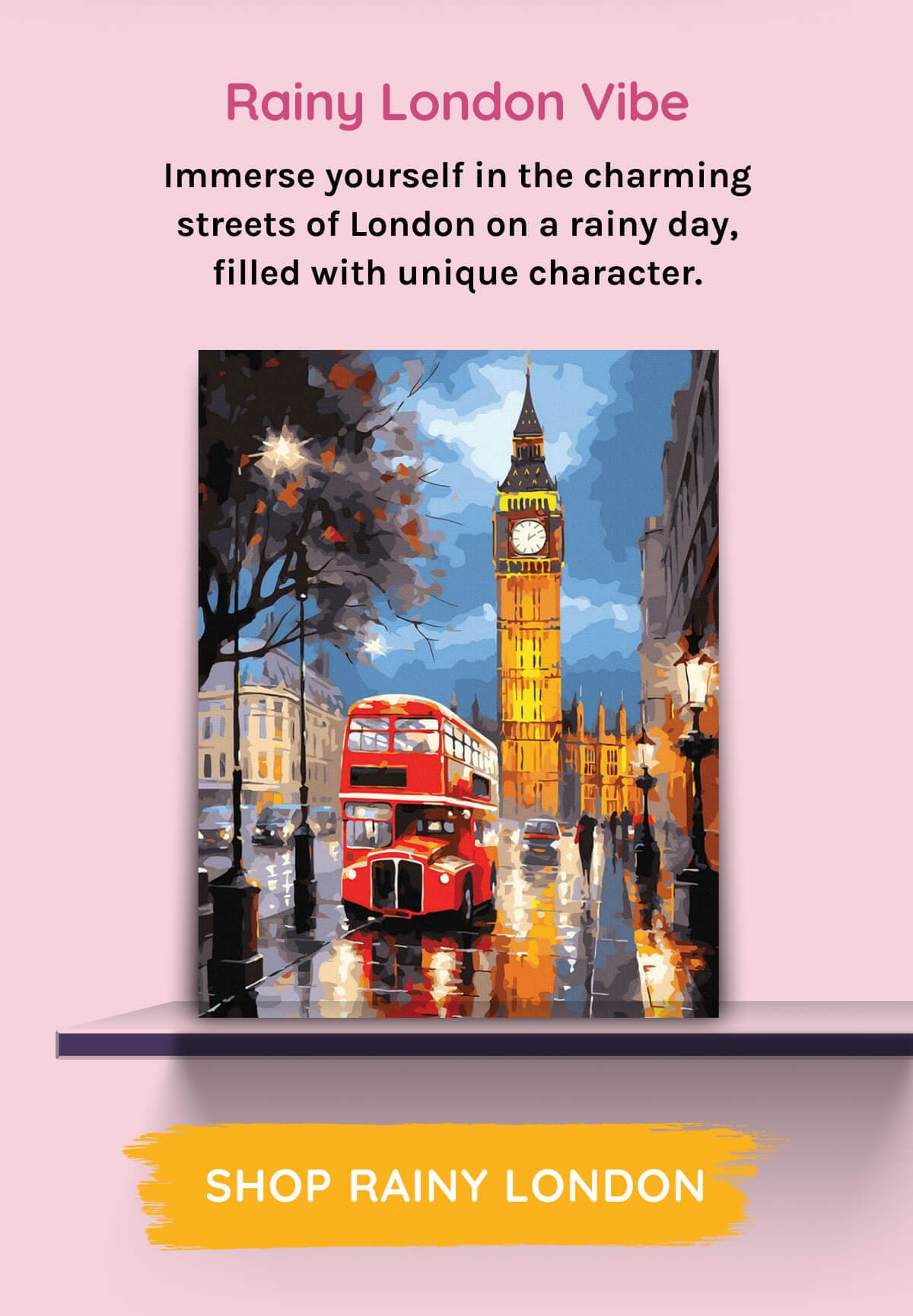 Rainy London Vibe Immerse yourself in the charming streets of London on a rainy day, filled with unique character.
